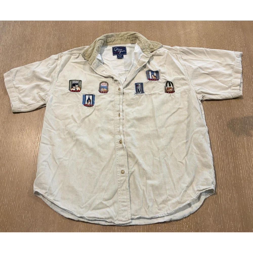 Quizz Again New York Womens M Striped Button Front Shirt Embroidered Cat Windows